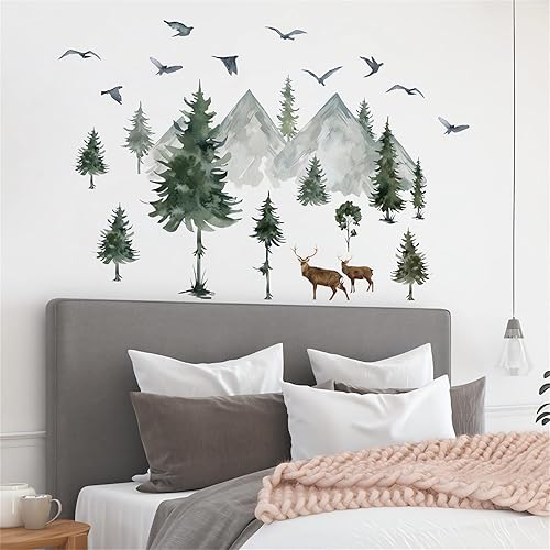 Miniatura 5 de Calcomanías de pared con acuarela, montañas, árboles, pájaros, ciervos, bricolaje, arte de pared, vinilo extraíble para despegar y pegar para sala