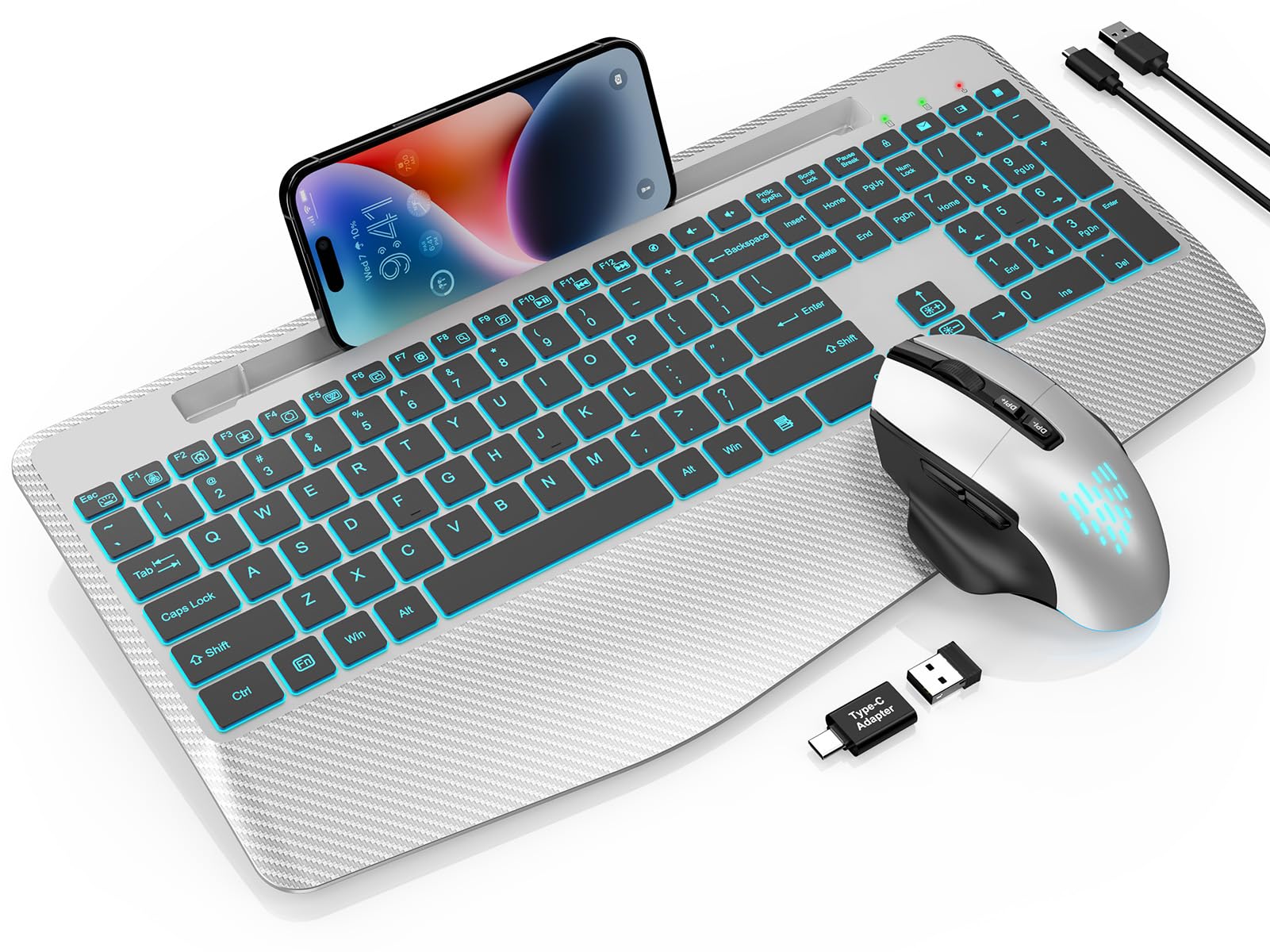 Photo 1 of ** SOLD AS IS, NO REFUND/RETURN** SEE COMMENTS!
Wireless Keyboard and Mouse Backlits, Wrist Rest, LED Mouse, Rechargeable Ergonomic Keyboard with Phone Holder, Silent Light Up Combo for Computer, Mac, PC, Laptop, Chromebook (Silver Black)