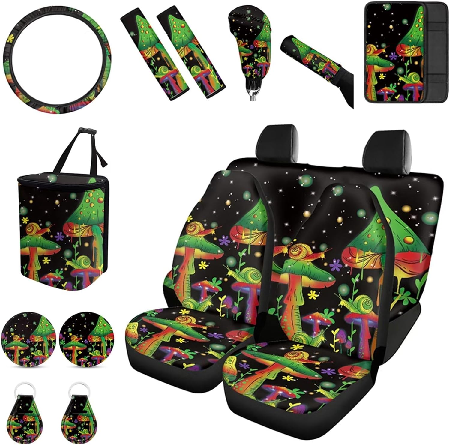 Forchrinse Green Mushroom Car Seat Covers for Women 15Pcs Full Set Car Accessories Set,Steering Wheel Cover,Armrest Seatbelt Cover,Car Trash Can,Coaster,Keychain Fit Truck SUV