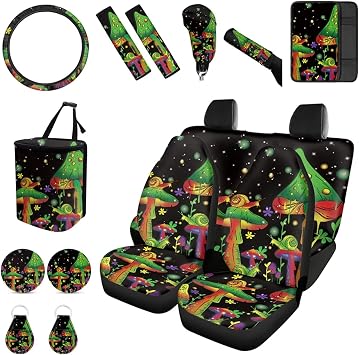 Forchrinse Green Mushroom Car Seat Covers for Women 15Pcs Full Set Car Accessories Set,Steering Wheel Cover,Armrest Seatbelt Cover,Car Trash Can,Coaster,Keychain Fit Truck SUV