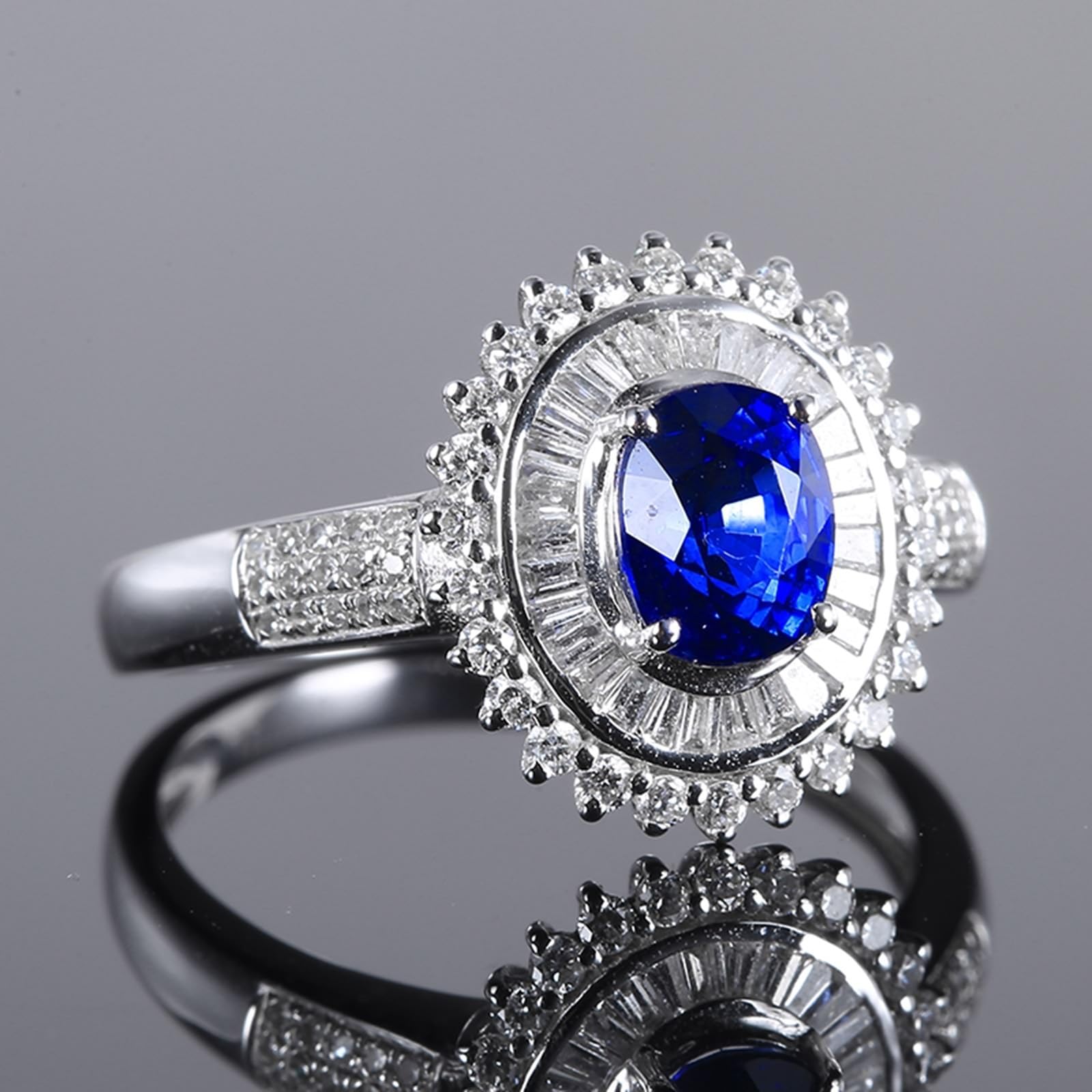Fedi nuziali in oro bianco 18 carati blu zaffiro ovale, anello da donna con zaffiro da 1,26 carati e diamanti anelli da donna misura 17 (18,1), 57 (18.1), metallo prezioso, Zaffiro