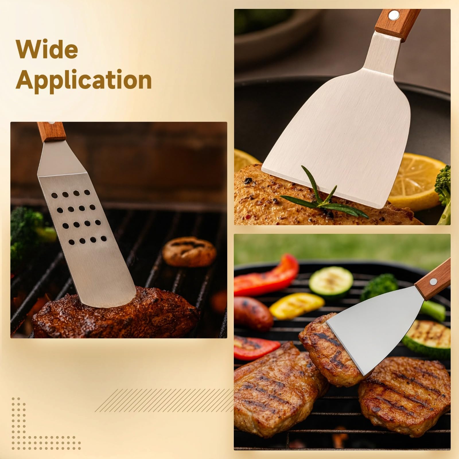 Edelstahl-Grill-Set, 6-teilig, Pfannenwender, Grillzubehör, Holzgriffe, abgeschrägte, breite Pfannenwender, Schlitz, inklusive Schaber, Braten, Grillen, strapazierfähig