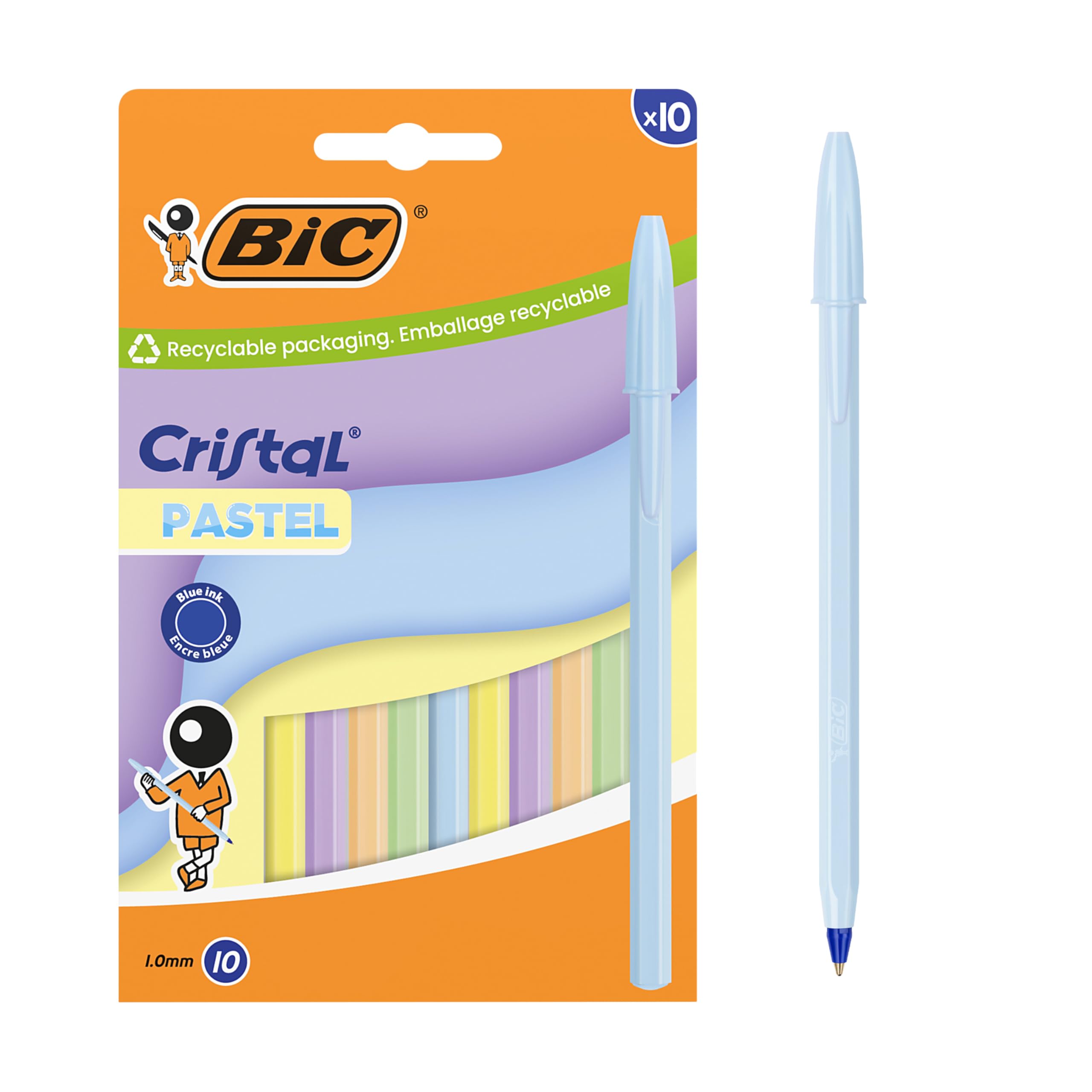 BIC Cristal Pastel Ball Pens Medium Point (1.00 mm) Refillable Blue Ink - Assorted Pastel Barrels, Box of 10