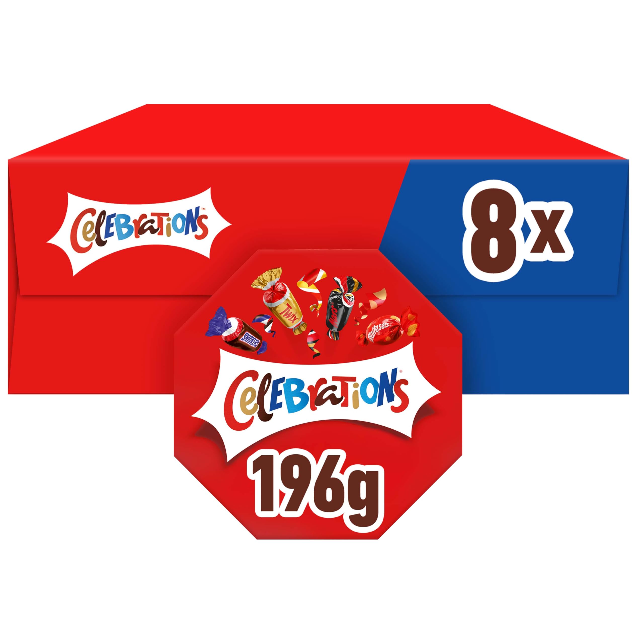 Celebrations, Snack Assortiti al Cioccolato, Praline Miste al Cioccolato Mars, Bounty, Snickers, Twix, Maltesers e Altri Ancora, 8 Scatole da 196g, Cioccolatini Natalizi