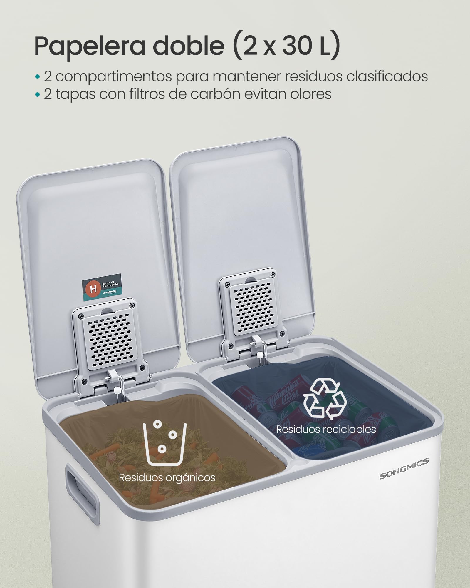 Cubo De Cocina Doble De 2x30 L - Acero Inoxidable, Con Tapas De Cierre Suave Y Pedales - SONGMICS