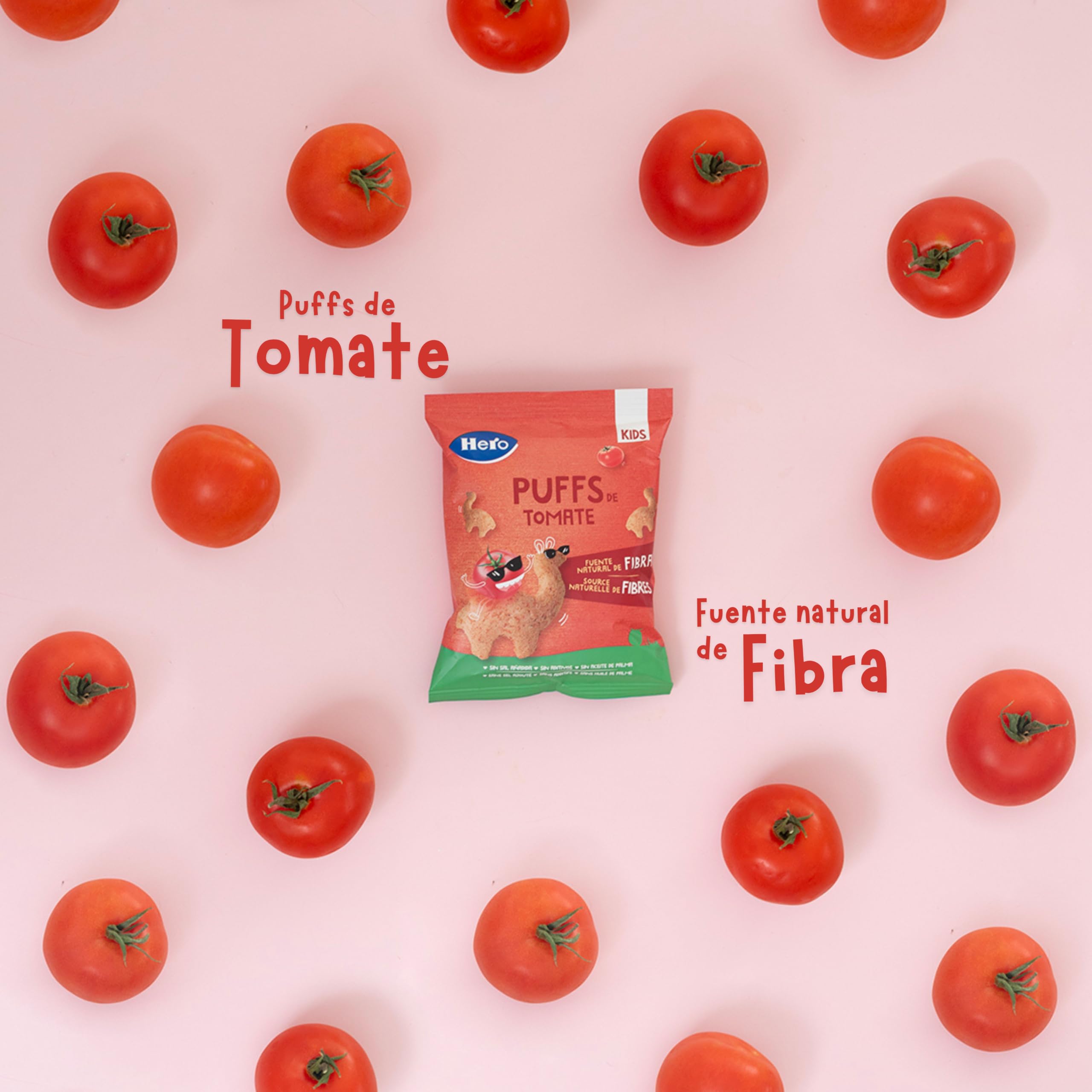 Hero Kids - Puff Snack de tomate, ingredientes 100% naturales, fuente natural de fibra, sin sal añadida, sin aceite de palma, sin aditivos, snack para niños, paquete de 12 x 12 g