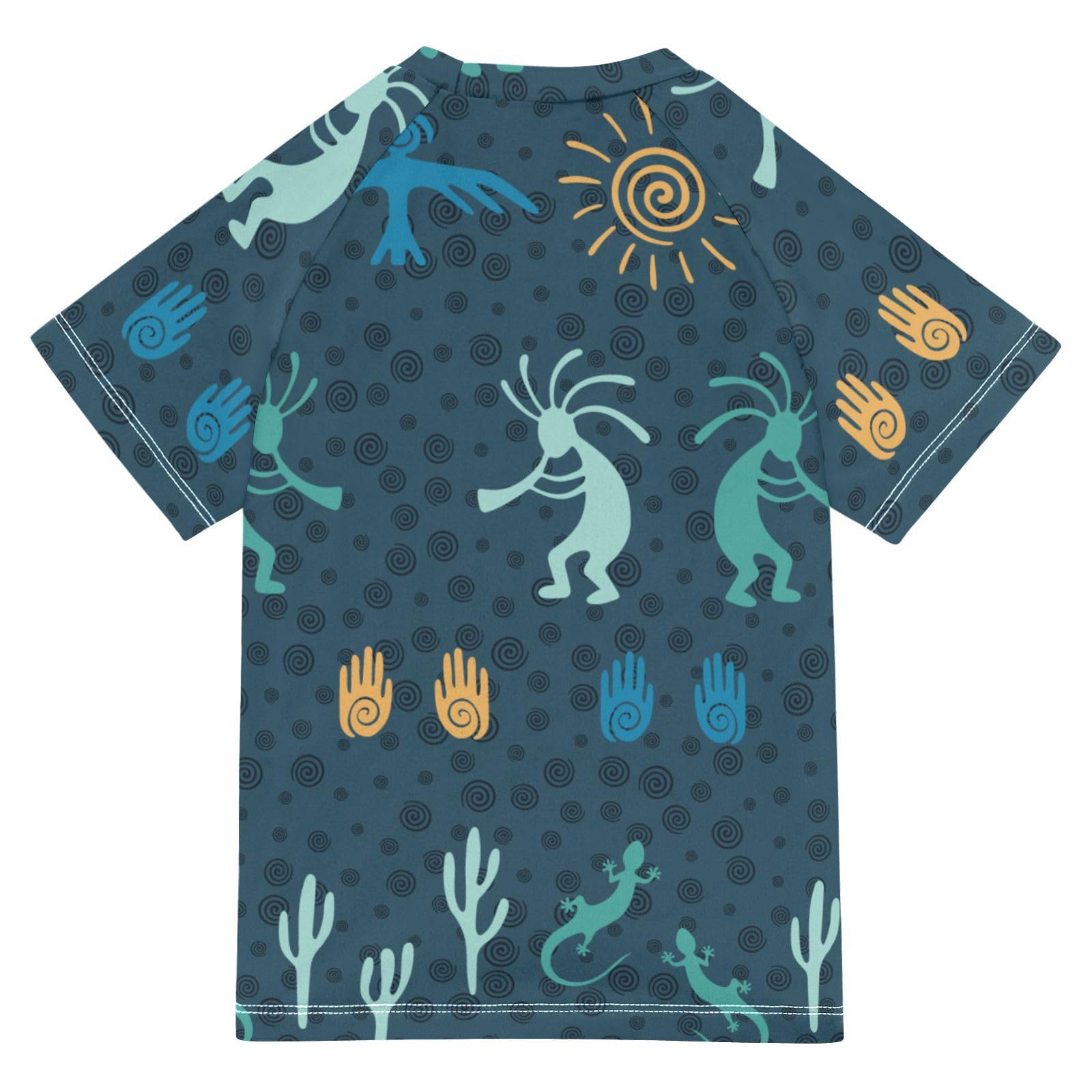 Aflyko Fun Girls' Rash Guard Shirt Kokopelli Gecko Cacti Sun Fertility Blue Yellow Kiddo Fishing Shirt Children Fashion Short Sleeve Swimming Top Soft Comfortable Fit UPF 50+ Everyday Wear, 5-6T