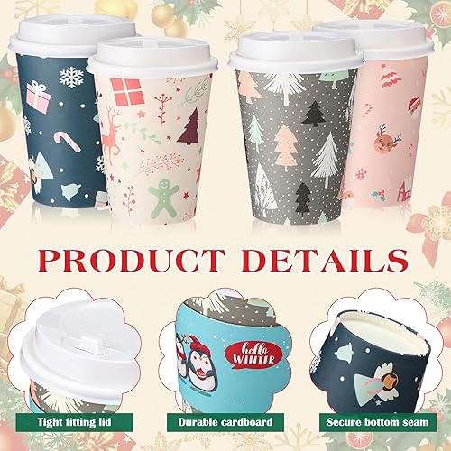 Miniatura 4 de Paquete de 100 tazas de café desechables de Navidad de 12 onzas con tapas, fundas para tazas de café, tazas de café de papel, tazas de café aisladas