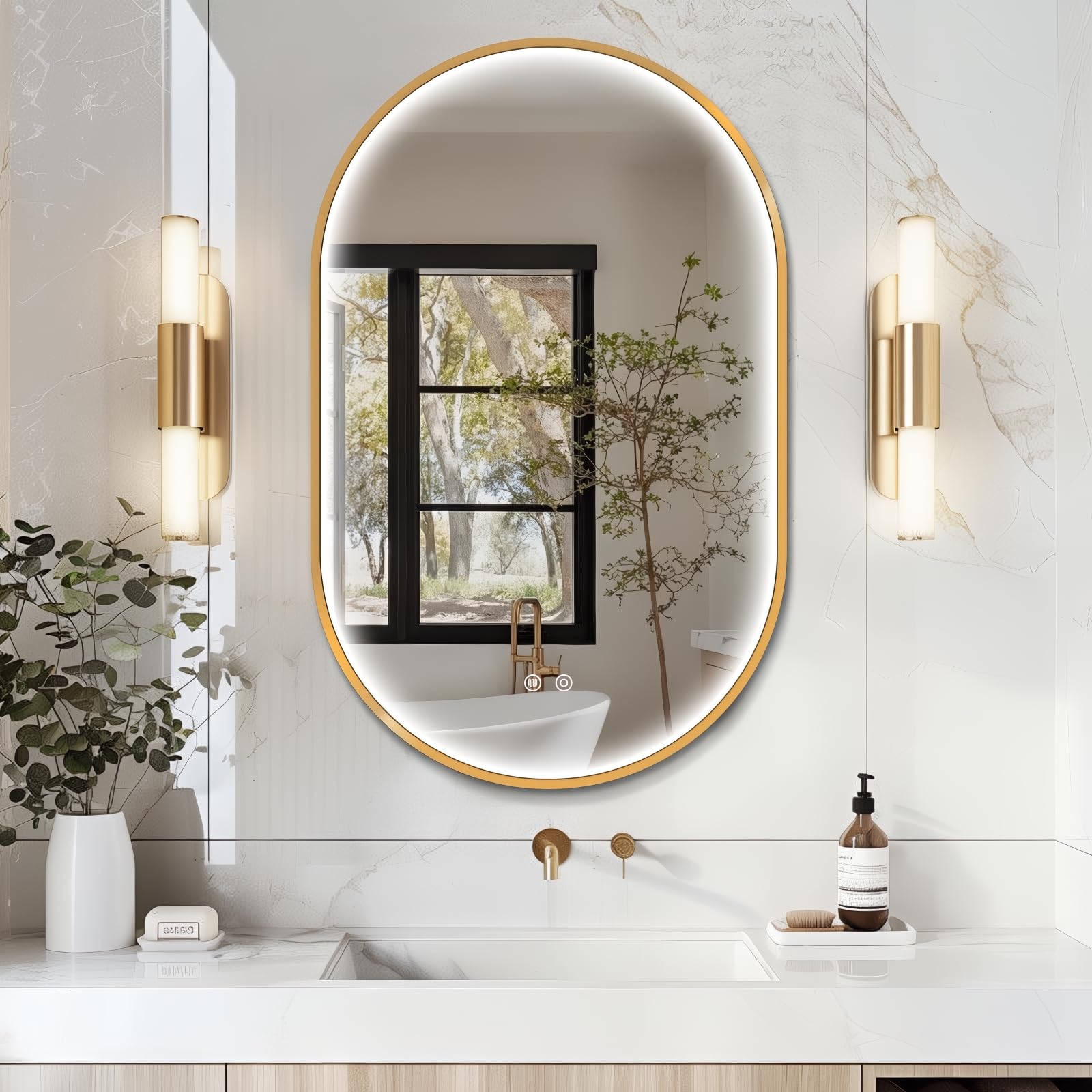 Photo 1 of TheiaMo 32"x20" Oval LED Bathroom Mirror with Gold Frame
