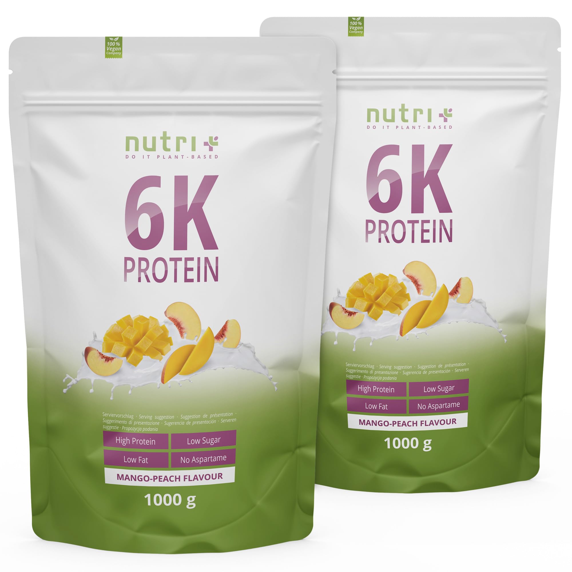 Nutri + Eiweiß Pulver Mango Peach 2 kg - hochdosiertes Eiweißpulver Pfirsich 2000 g - 6 Komponenten Protein - veganes Proteinisolat Eiweißkonzentrat