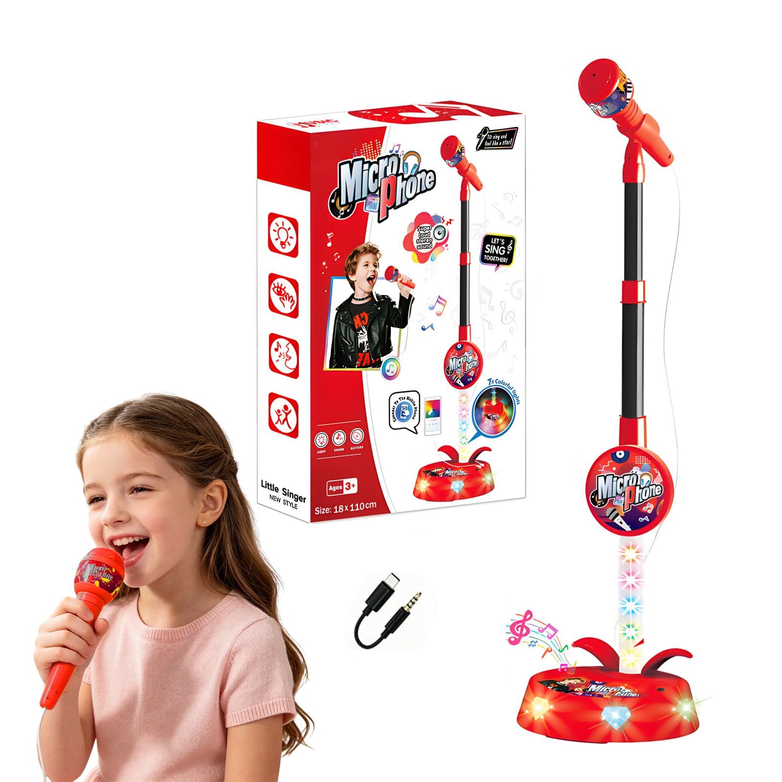 Kids Microphone and Stand,Adjustable Height,Adjustable Kids Karaoke Machines with Flashing Stage Lights, Stand Up Kids Microphone Stand, Singing Toys Gifts for 3-8 Year Old Girls Boys