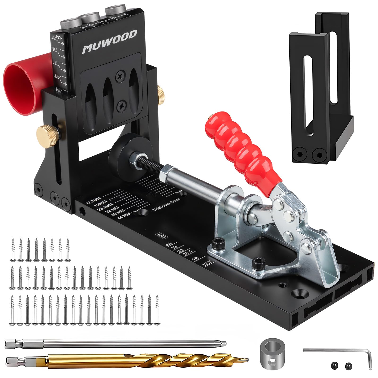 MUWOOD Pocket Hole Jig, Adjustable Jig Pocket Hole System, Woodworking Tools for Strong Joints, Adjustable Drill Guides for Materials 12-42mm Thick (
