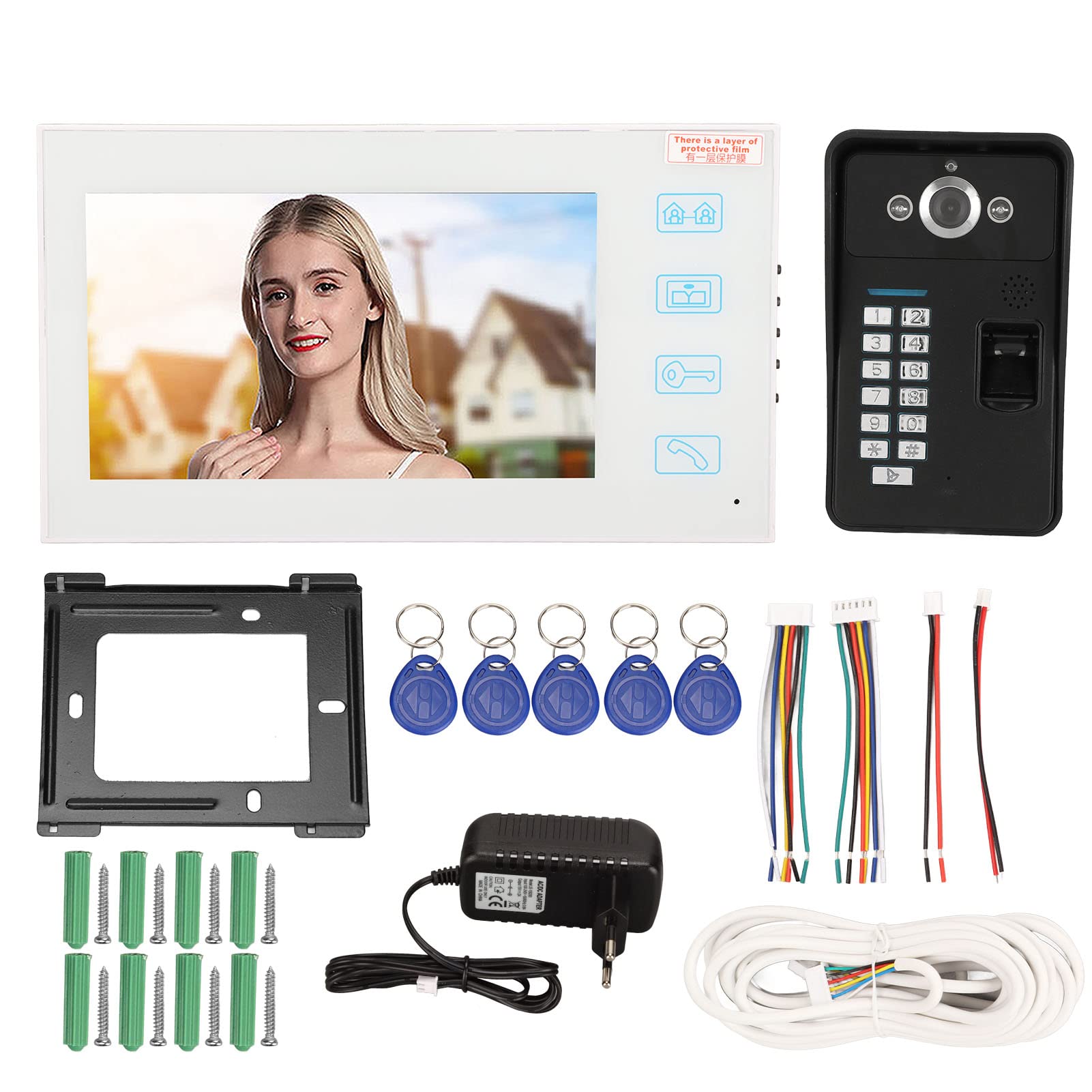 Sistema Videocitofono da 7 Pollici, Videocitofono Campanello Video HD LCD Vivavoce Monitor Videocitofono, Monitor Password Identificazione Impronte Digitali TFT Cablato con Visione Notturna per la(#1)