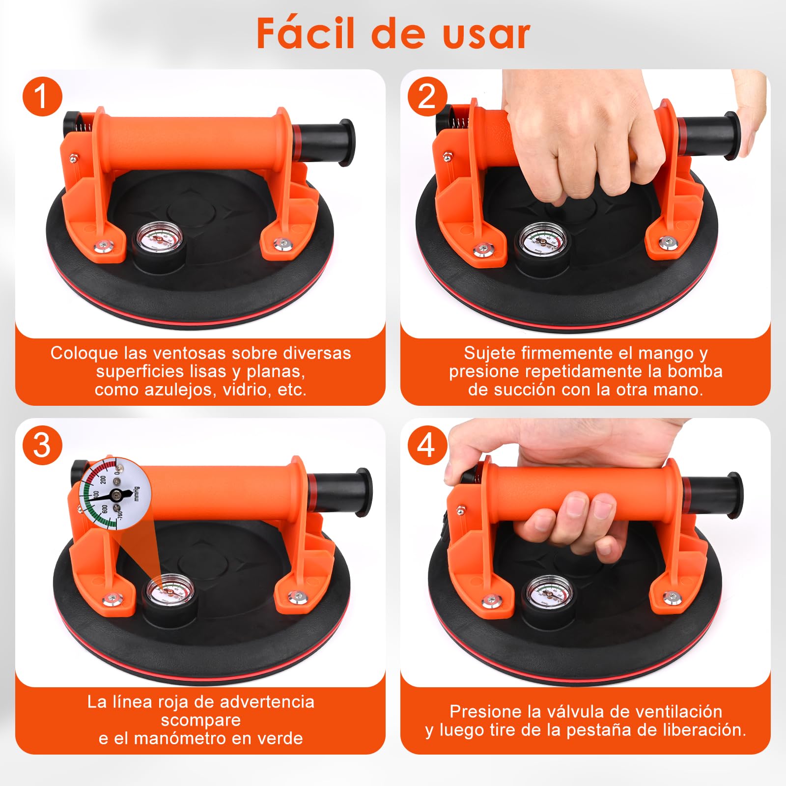 GuKKK Ventosas para Cristal con Manómetro, 2 Ventosas para Azulejos de 8 ", Elevador de Qzulejos Vacío, Capacidad de Carga Máxima de 200 kg, Ideal para Levantar Cristales, Mármol y Cerámica