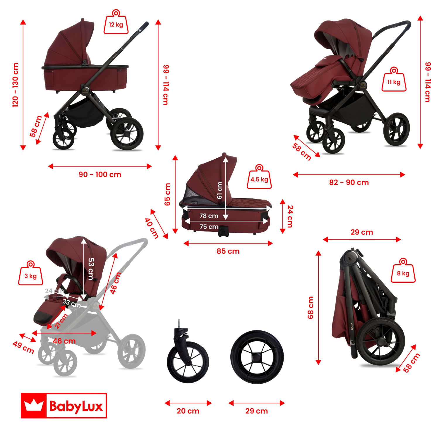 BabyLux® Carrito Bebe 3en1 BOLDO, Conjunto de Cochecito Ligero y Plegable | Incluye Capazo, Silla de Paseo, Portabebés i-Size, Bolso Cambiador y Más Accesorios, 0-22kg, Protección UV 50+,Ventilación
