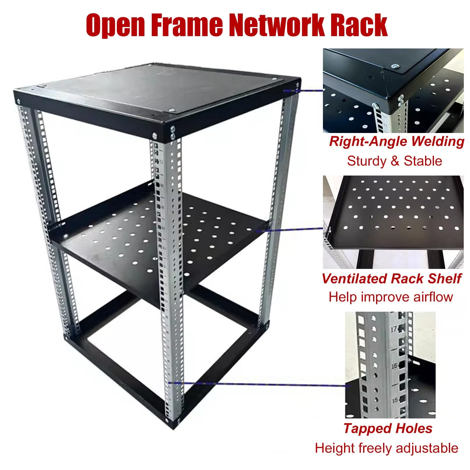 Rack di Rete a Telaio Aperto Rack di Rete a Telaio Aperto 12U con Ripiani Ventilati, Rack in Metallo per Server e Apparecchiature 48 cm, Scaffale per Data Center di Rete(2 tier,D 33.3cm (13 1/8"))