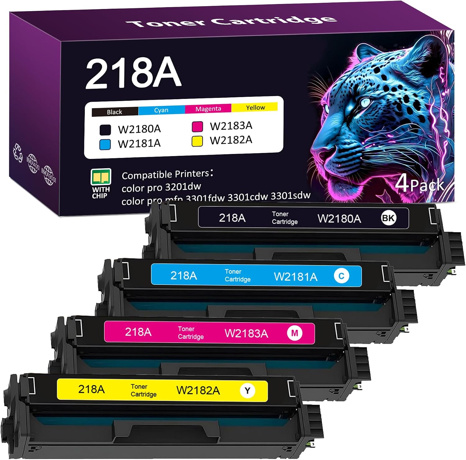 218A Toner Cartridges 4 Pack with Chip :Replacement for HP 218A 218X Toner to Use with Color Pro MFP 3301fdw 3301cdw 3301sdw Pro 3201dw Printer Ink Set | Black Cyan Magenta Yellow