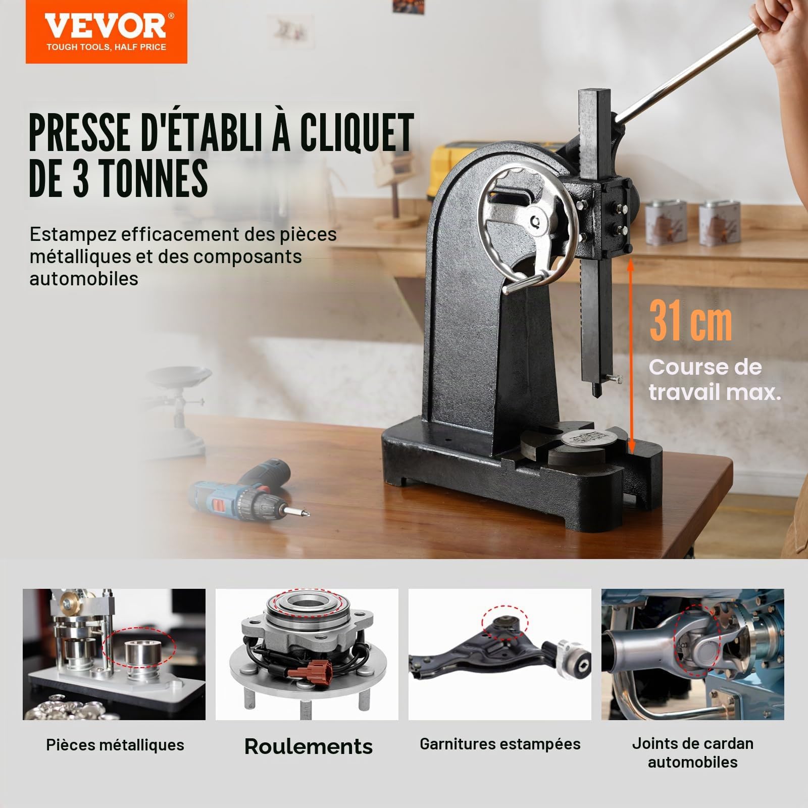 VEVOR Presse à Crémaillère, Presse à Arbre à Cliquet de 3 T, avec Levier et Volant, Hauteur Max. 310 mm, Presse à Poinçonner Manuelle de Bureau en Fonte, pour Estampage, Pliage, Étirement, Formage