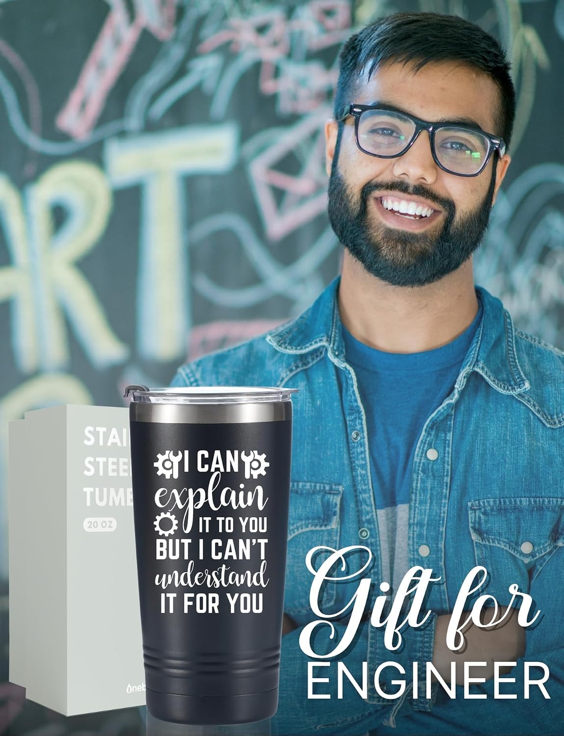 Onebttl Engineer Gifts for Men, Funny 20oz Stainless Steel Tumbler Travel Mug for Mechanic, Electricians, Civil Engineers, Black, Explain