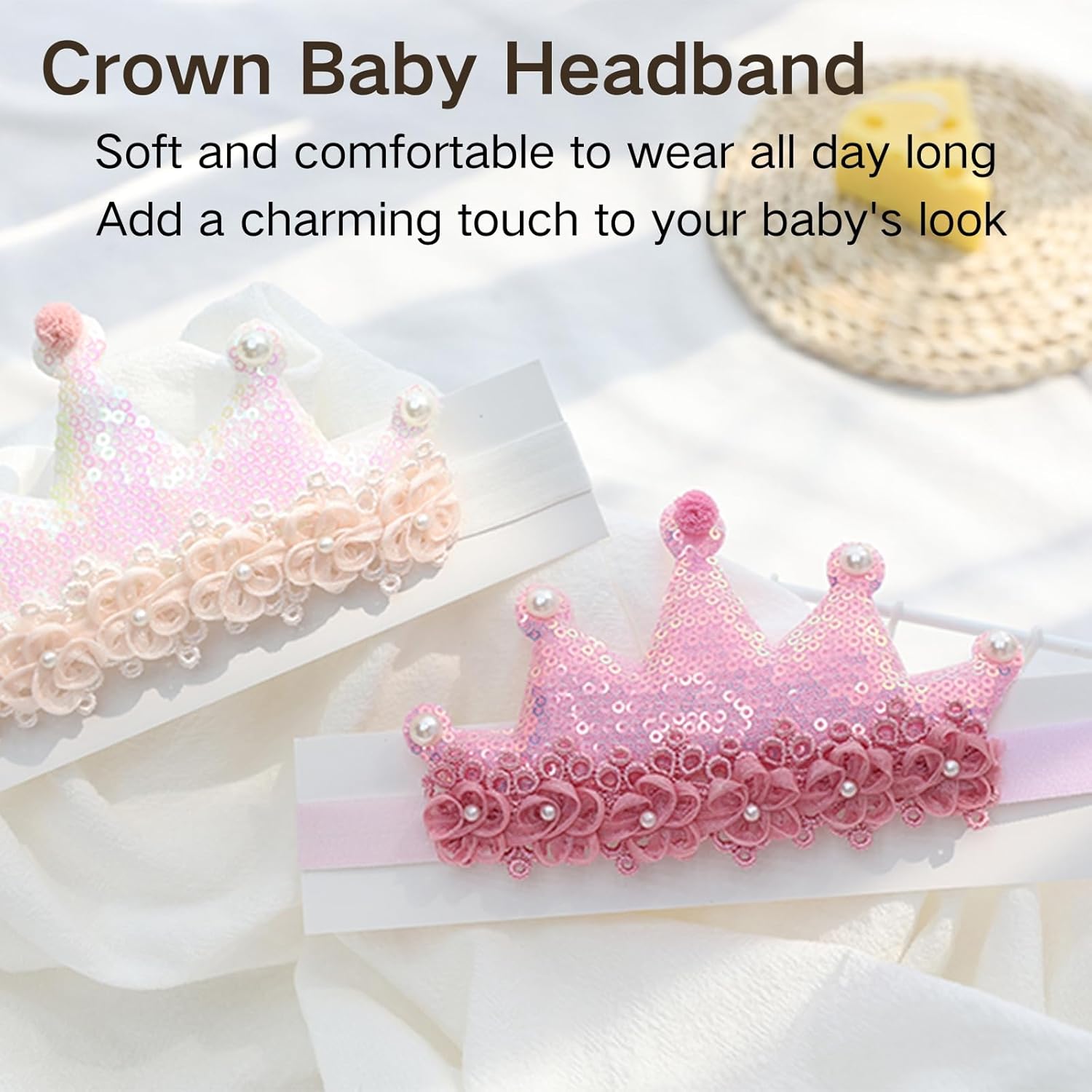 Lace Crown Hair Bow for Baby Girls Soft Tulle Elastic Headband Baby Shower Birthday Party Crown Hair Accessories for Newborn Infant Toddlers (Pink B, Adjustable) - Image 5