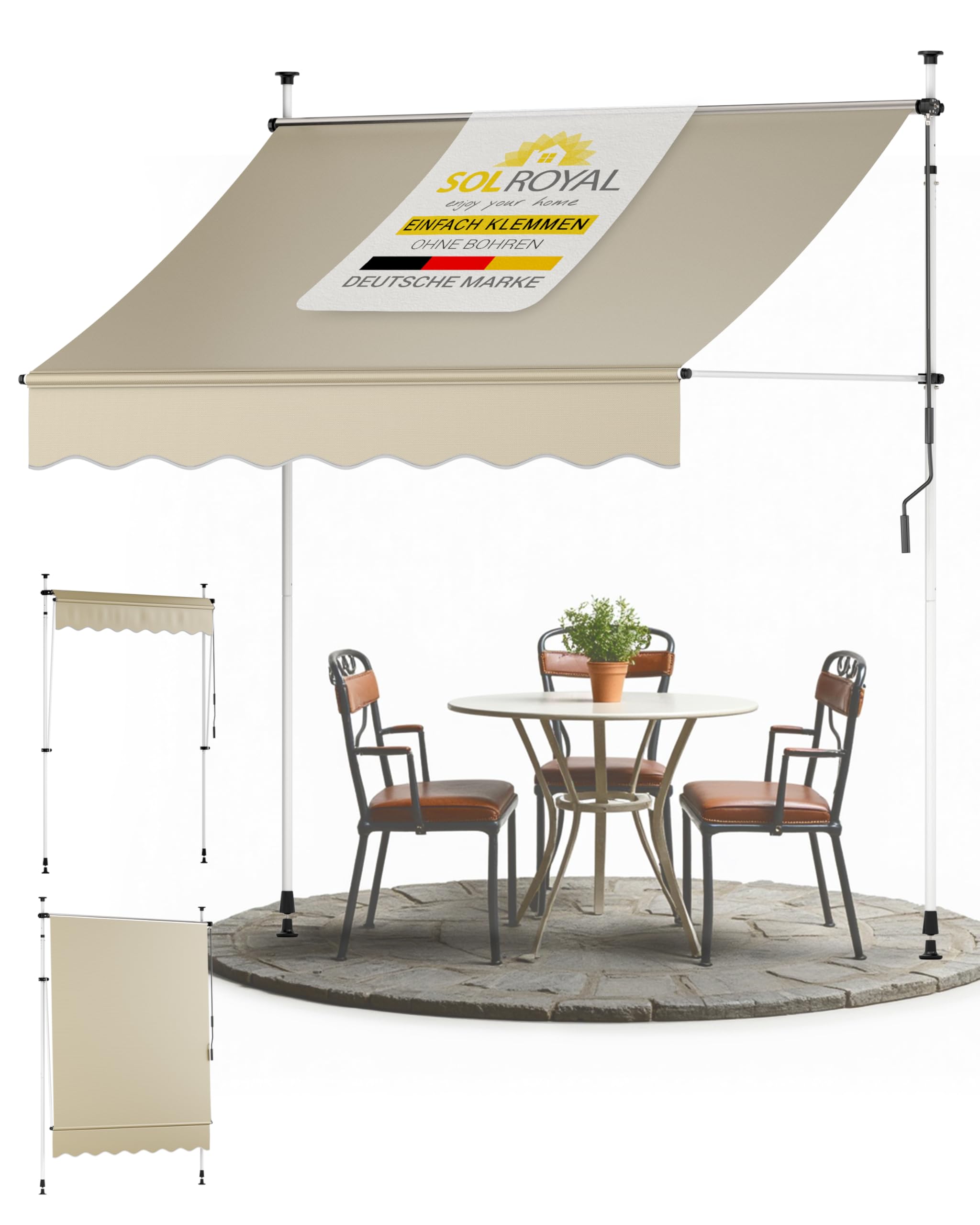Sol Royal Klemmmarkise 2m breit ohne Bohren – Klemm-Markise mit Handkurbel Balkon Terrassen Sonnenschutz - Standmarkise Beige UV-Beständig Balkonmarkise zum Klemmen Witterungsbeständig BM3