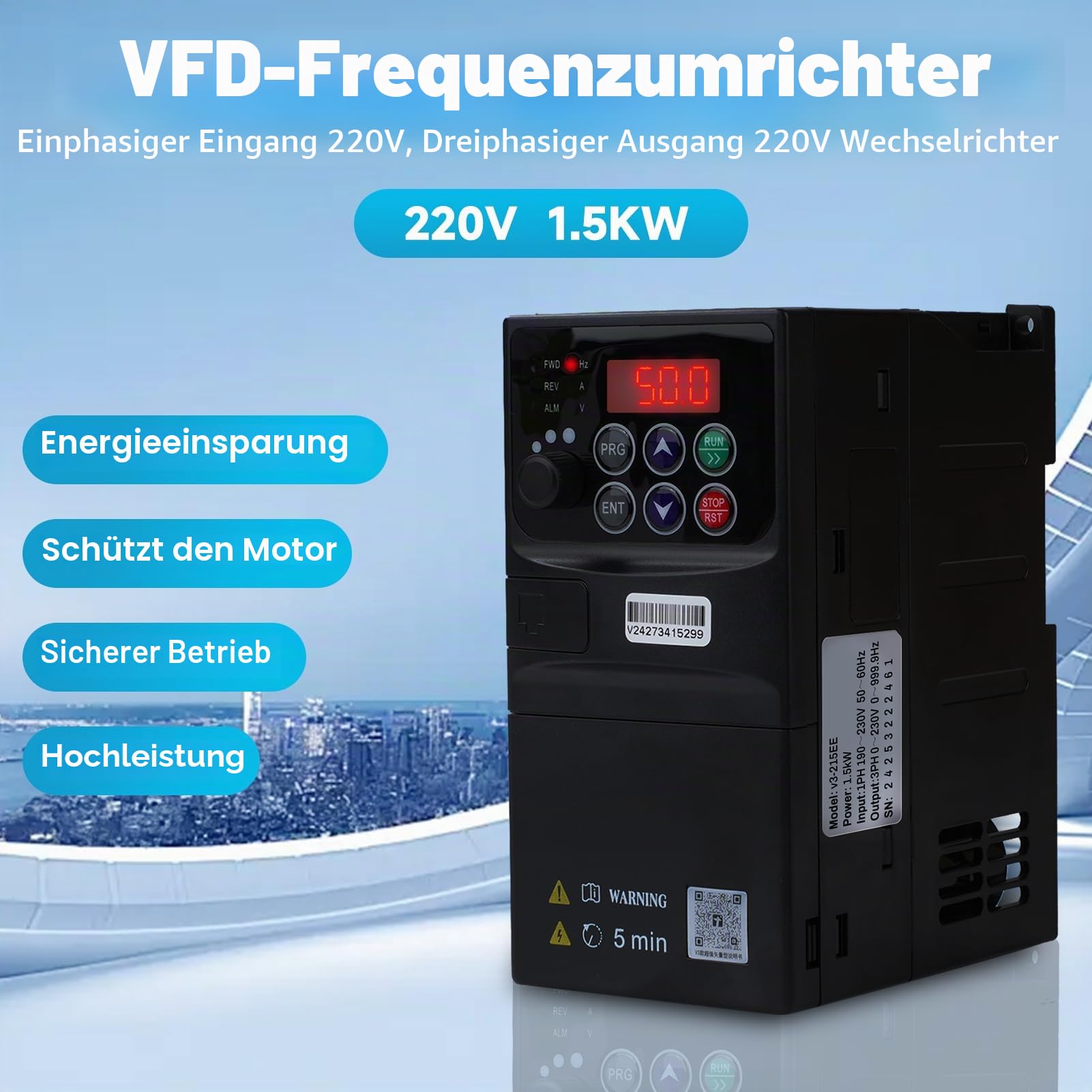 1.5KW Frequenzumrichter 230V Einphasiger 220V-Eingang Dreiphasiger 220V-Ausgang VFD Frequenzumrichter CNC Frequenzumrichter Abnehmbare Schalttafel Modell V3-215EE (mit 1.5m Verlängerungskabel)