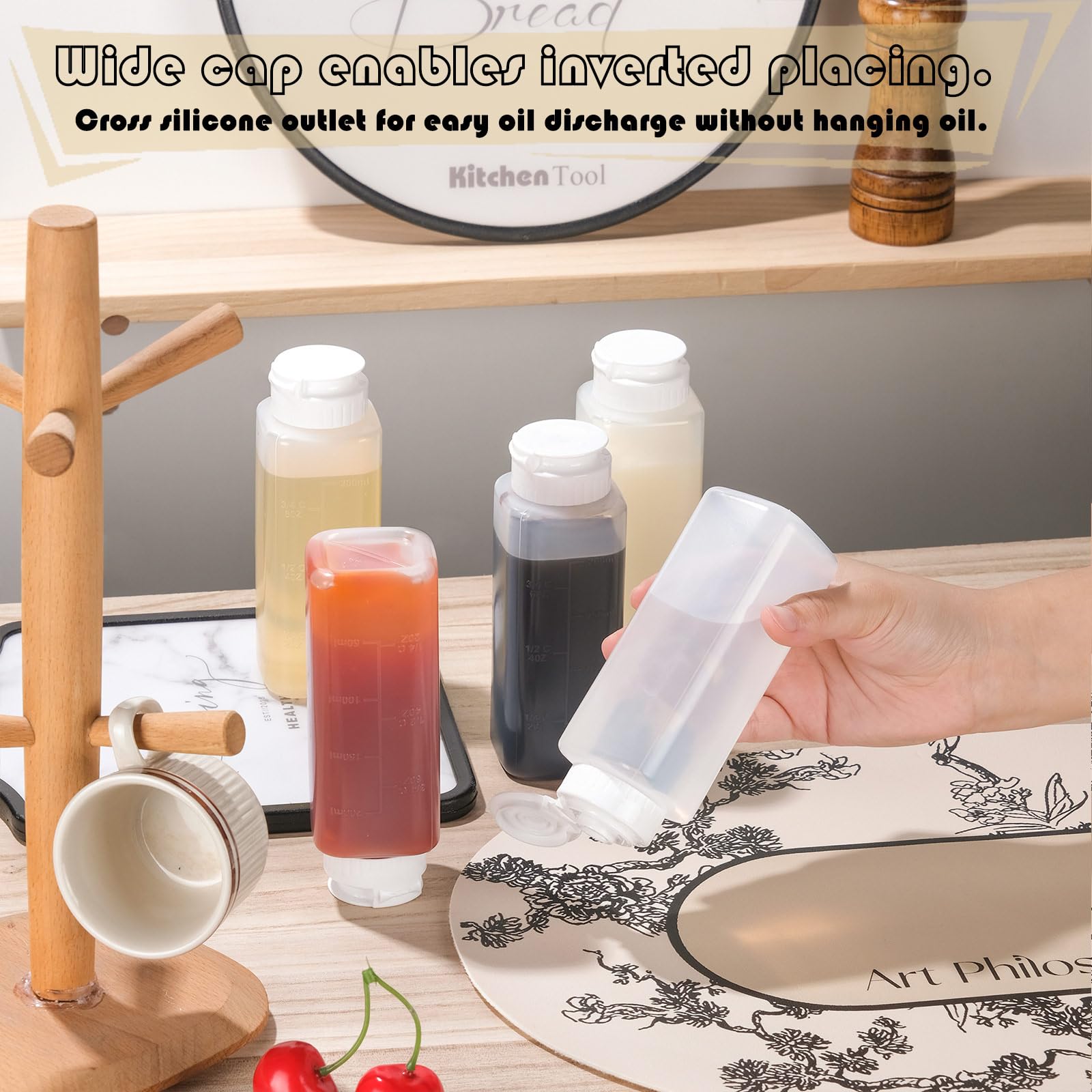 Paquete de 6 botellas exprimibles para salsas, botellas de salsa picante invertida de 8 onzas para líquidos, botellas de aderezo de ensalada con válvula de silicona abatible