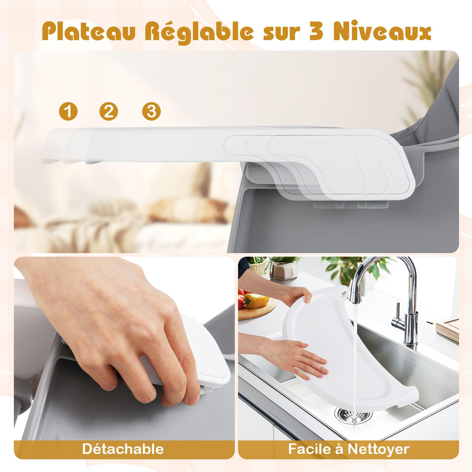 COSTWAY 16 en 1 Chaise Haute Bébé Evolutive, Plateau Réglable à 3 Niveaux, Table de Construction, Chaise Haute Bebe, Harnais à 5 Points, Siège Pivotant à 360°, 3 Jouets, pour 6-36 Mois (Gris)