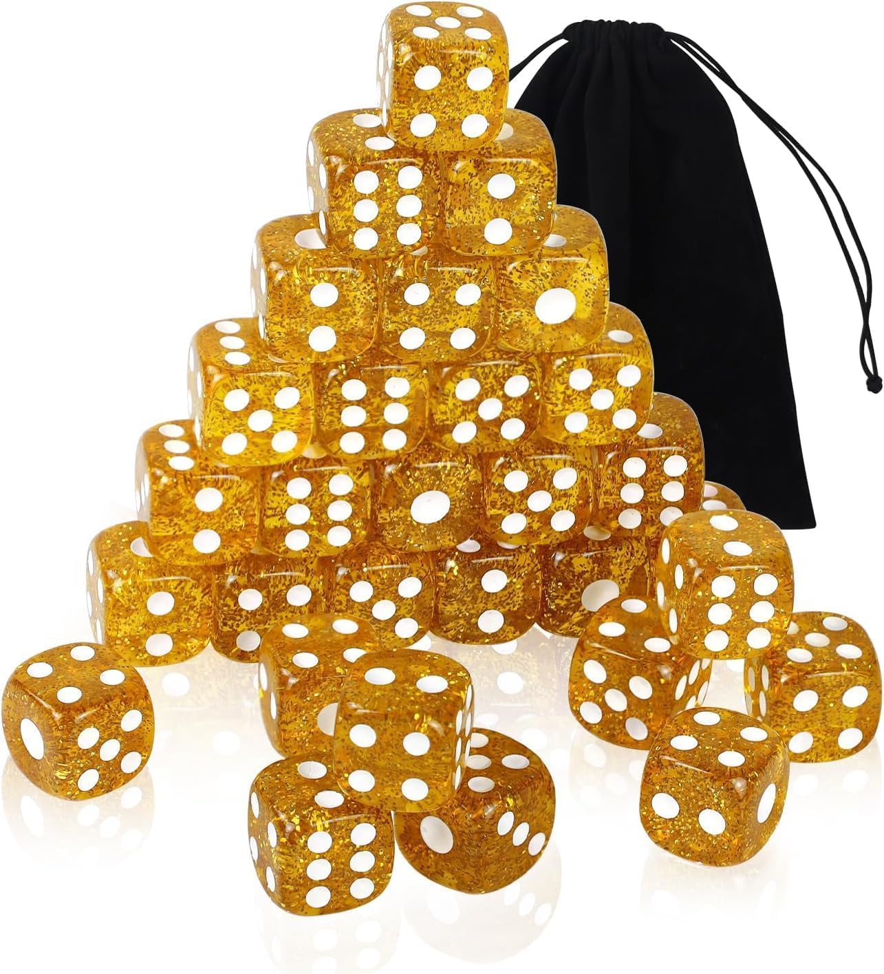 QUTHZZHY Dice Gold Set, 16 mm Acrylic Dice in Glitter Gold, 30 Pieces Transparent Dice, 6-Sided Colourful Dice Set, D6 Standard Dice with Pockets for Game, Party, Maths