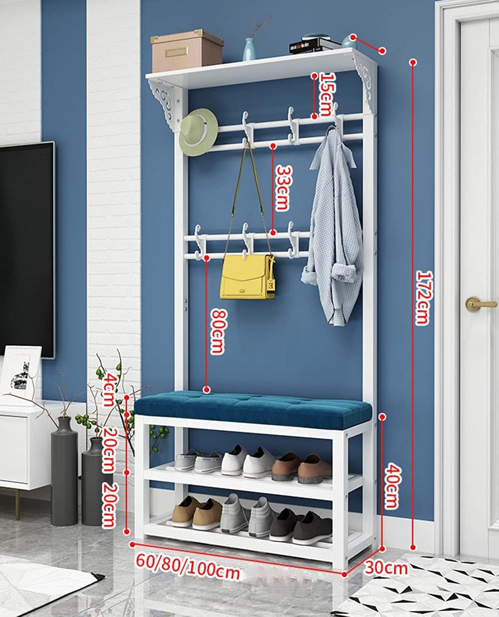 Coat Rack Shoe Bench Hall Tree - 3-in-1 Entryway Organizer with 2-Tier Storage and Hooks for Bedroom, Hallway, Living Room
