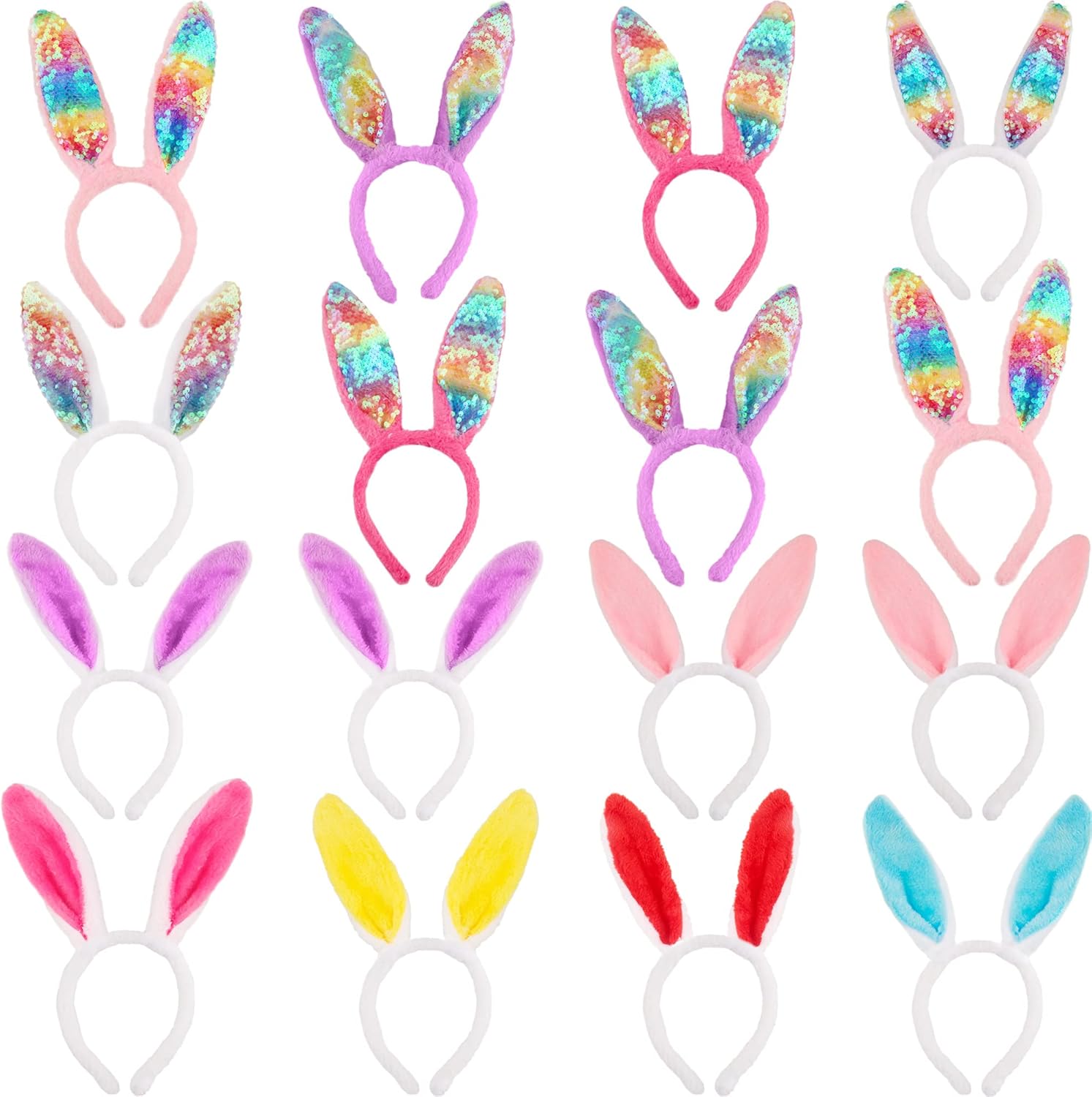 16 Pcs Easter Bunny Ear Headband Colorful Plush Rabbit Ears Hair Hoop for Easter Party Cosplay Costume Accessories