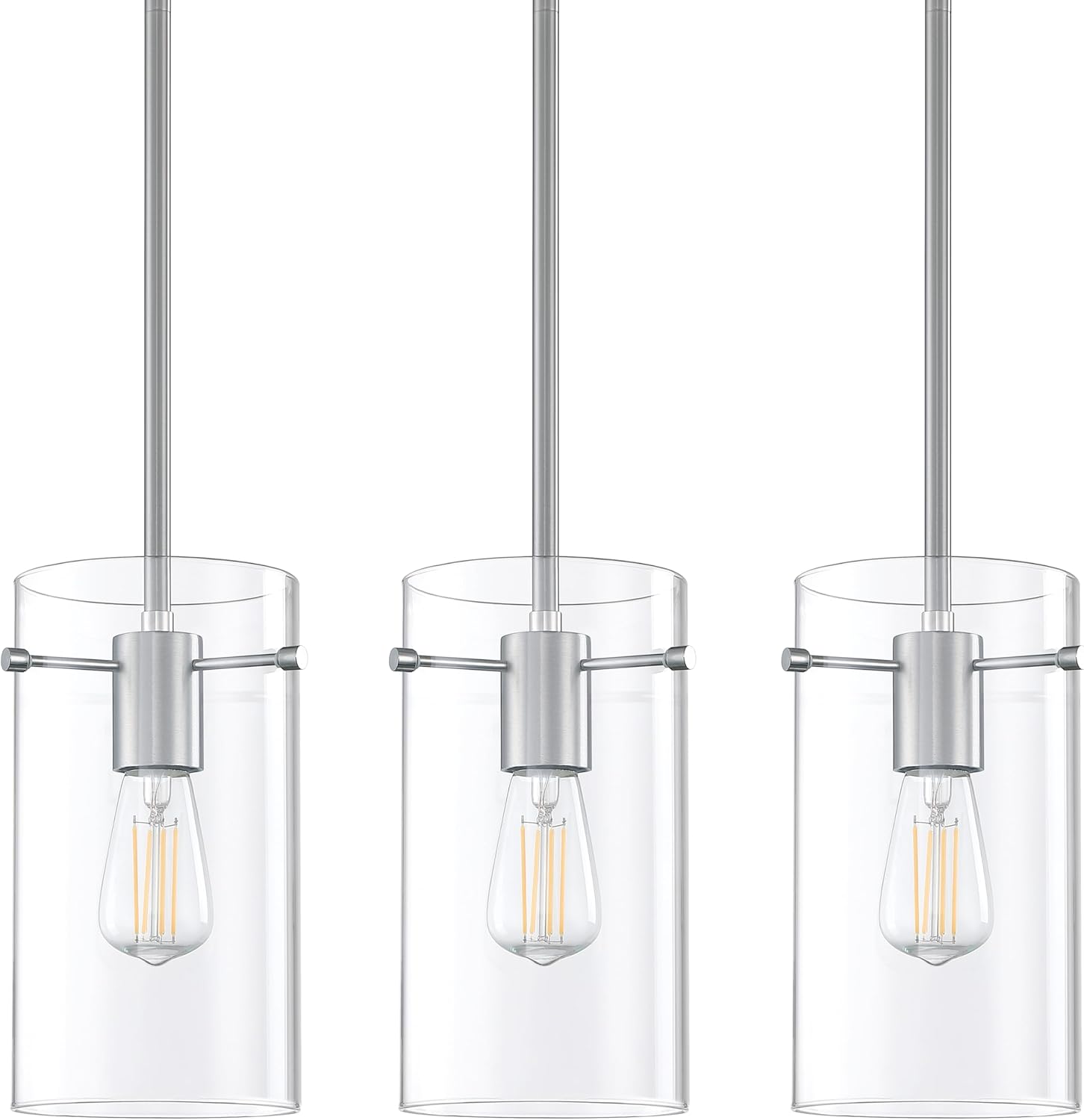 Modern Farmhouse Kitchen Island Hanging Pendant Light Fixture,Clear Glass Chandelier Shade for Over Sink Dining Room Bedside Hallway (5.5" Glass Brushed Nickel Rod, 3 Pack) 5.5" Glass Brushed Nickel Rod 3