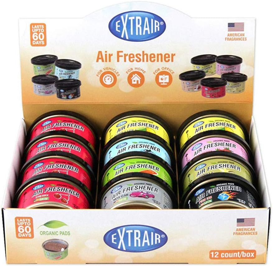 Toner Depot Extrair Organic Can Air Freshener Spill Proof Organic Air-Freshener Fragrence Smell Cans,Lasts Up to 60 Days,12-Unit Counter Display/Assorted (Pack of 12)