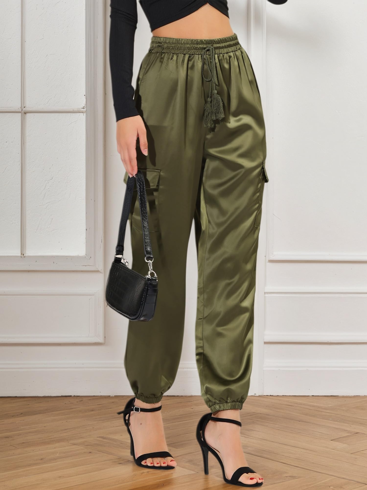Allegra K Pantaloni Cargo da Donna in Raso di Seta con Elastico a Vita Alta con Coulisse Casual Elegante