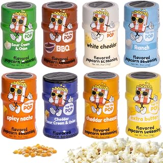 Top the Pop Popcorn Seasoning Variety Pack – 8-Pack Popcorn Flavoring Seasoning Mini Jars – Delicious Popcorn Flavors with White Cheddar, Spicy Nacho, Sour Cream and Onion, Cheese, BBQ