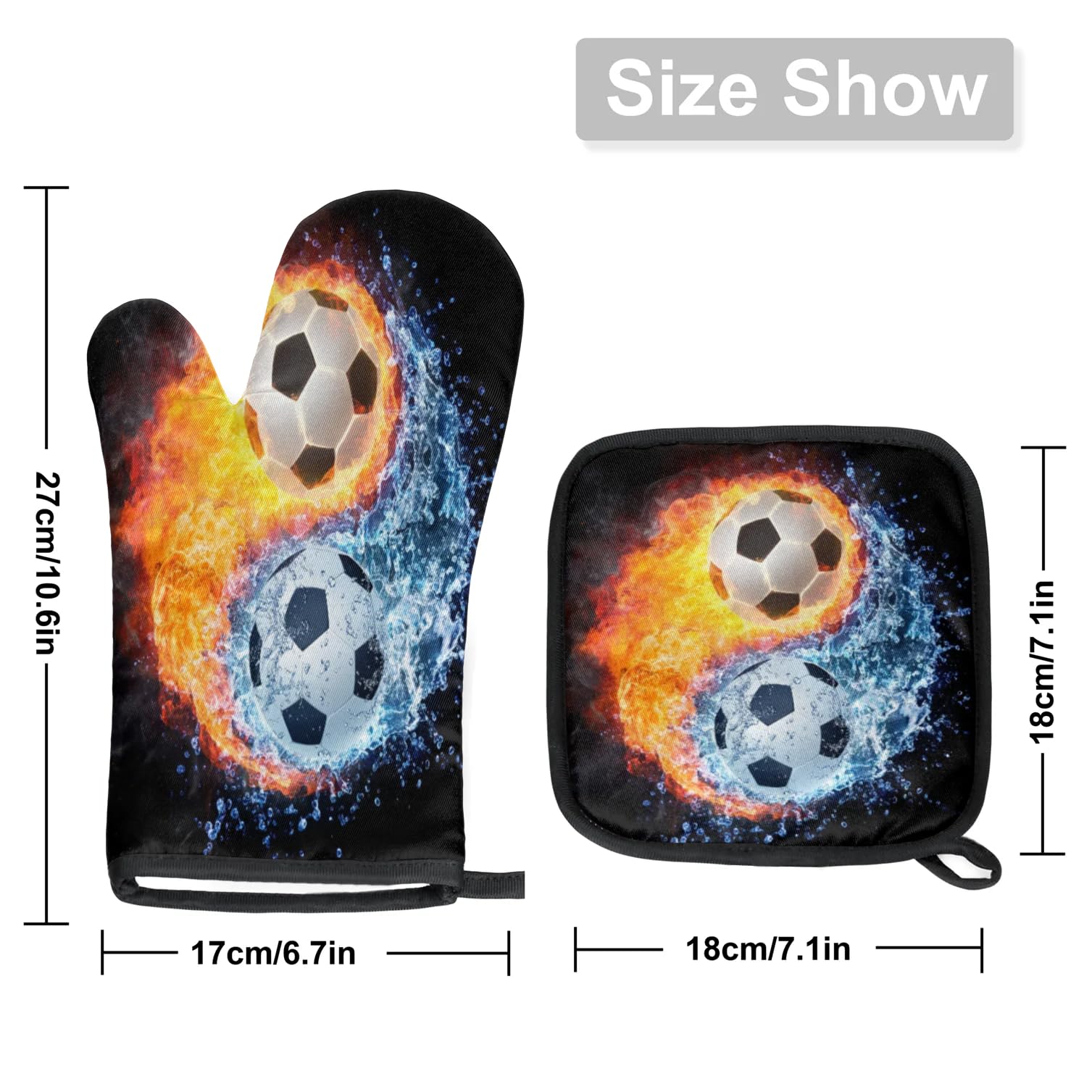 Footballers Water Fire Oven Mitts Kitchen Oven Gloves for Cooking Baking Heat Proof Lining Cotton Kitchen Potholder Mittens Pot Holders Hot Pads for Chef Women Men
