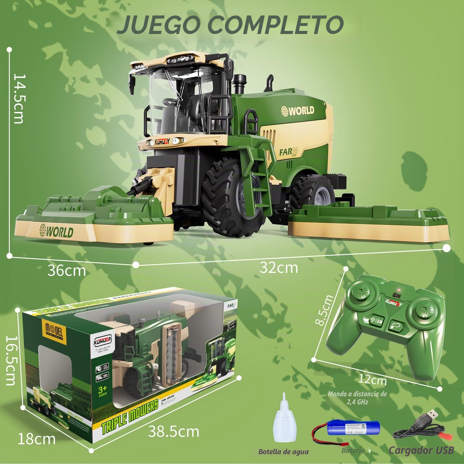 PENGBU RC Juguete de segadora, cosechadora teledirigida para niños, 2,4 GHz, tractor teledirigido y trituradora de maíz con sonido/luz/spray, cosechadora