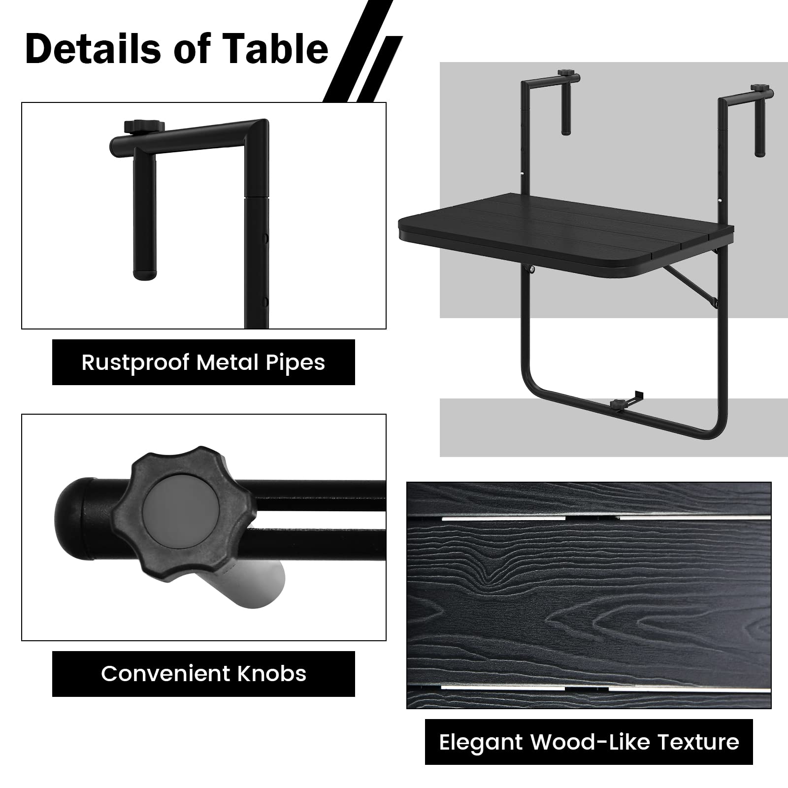 GIANTEX Mesa Plegable Colgante, Mesita de Balcón con Alturas Ajustables de 3 Niveles, Mesa Auxiliar con Dieseño Ahorro Espacio, Mesita Colgante 60 x 40 cm (Negro)