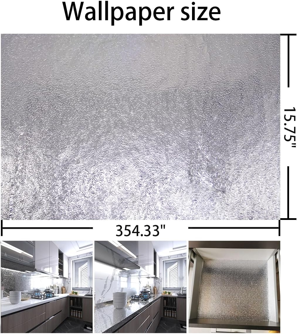 16"x354" Silver Contact Paper Metallic Look kitchen Backsplash Peel and Stick Wallpaper Oil Proof Waterproof Aluminum Foil Wall Sticker Adhesive Paper for Cabinets Shelf Liner Removable Heat Resistant