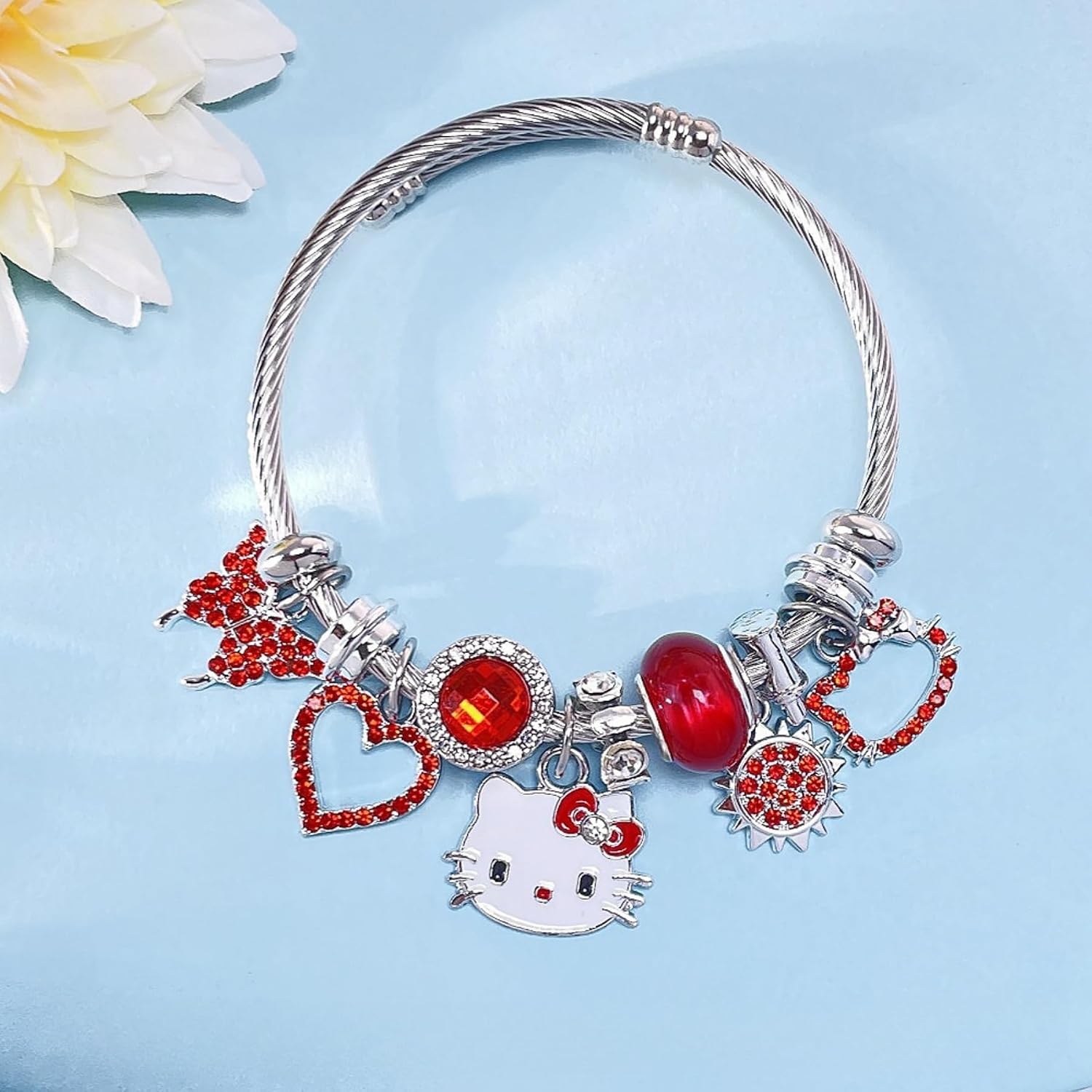 Hello Jewelry Bracelet Charms Braclet, Pink Cat Bangle Women Matching Accessories, Gift for Her image 3