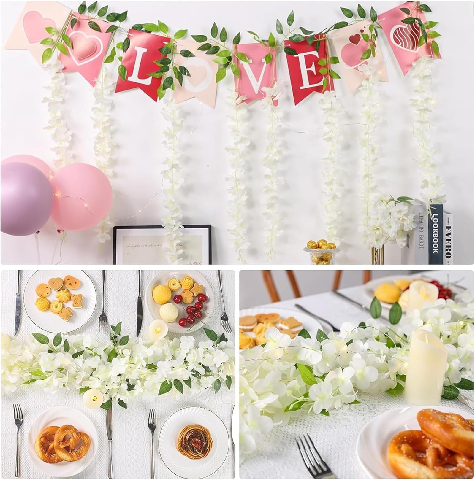 Kunstblumen künstliche Glyzinien Blumen, Girlande Pflanze gefälschte hängende Blumen Rebe Künstliche Wisteria Girlande für Hochzeit, Geländer, Zuhause, Büro, Party, 110CM (60PCS/Weiß)