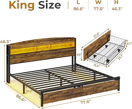 Miniatura 2 de Base de cama tamaño King con cabecera de almacenamiento y luz LED, plataforma de metal con estación de carga USB-CA, marco de cama King con cabecera