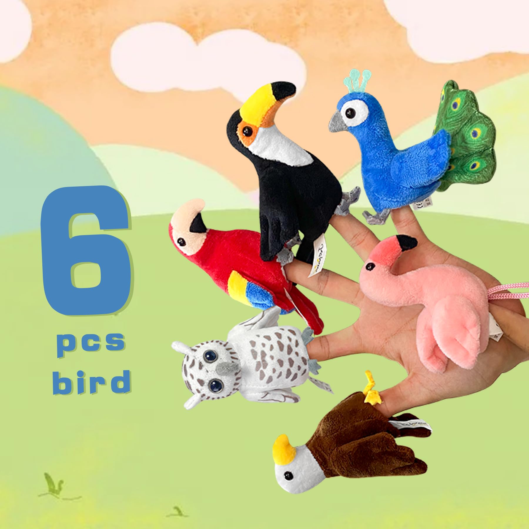 Lot de 6 marionnettes à doigts en forme d'oiseau, marionnettes d'animaux mignonnes pour jeux de rôle, mini marionnettes à main adaptées aux enfants, marionnettes d'animaux pour la