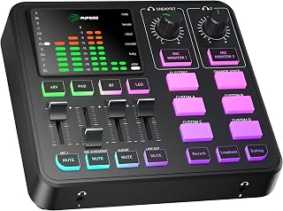 PUPGSIS T12 Gaming Audio Mixer: 4-Channel Sound Board with XLR/3.5mm Inputs, 48V Phantom Power, Voice Changer, Bluetooth for Streaming, Podcasting & PC Gaming