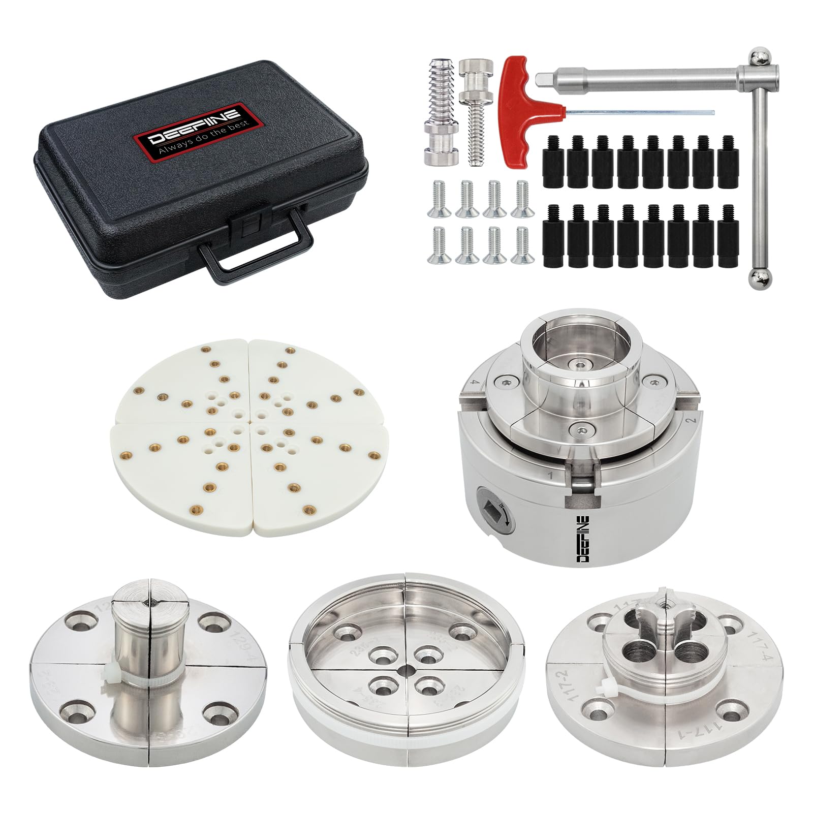 DEEFINE 4" Woodworking Lathe Chuck Kit with 1''X 8 TPI Screws, Nickel Plated Determinent 4 Claw Woodworking Turning Chuck Kit (5 Nips)