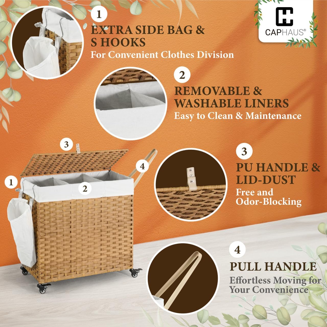 CAPHAUS Handwoven Basket w/Lid for Storage, Synthetic Rattan Laundry Hamper w/Wheels, Clothes Hamper for Laundry, Laundry Basket w/Lid, Removable Liner Bags, Mesh Bags, Pulling Strap, 140L, Grey