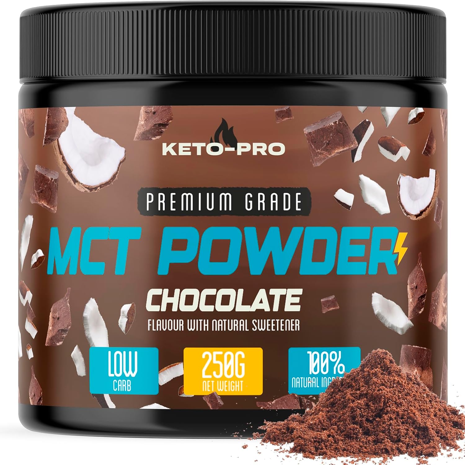 Keto-Pro MCT Powder 250g | Premium C8 Keto Coffee Creamer | MCT Creamer Keto Powder | Suitable for Paleo & Vegan Diets | Gluten & Palm Oil Free | MCT Oil Powder | Pure Caprylic Acid | Chocolate