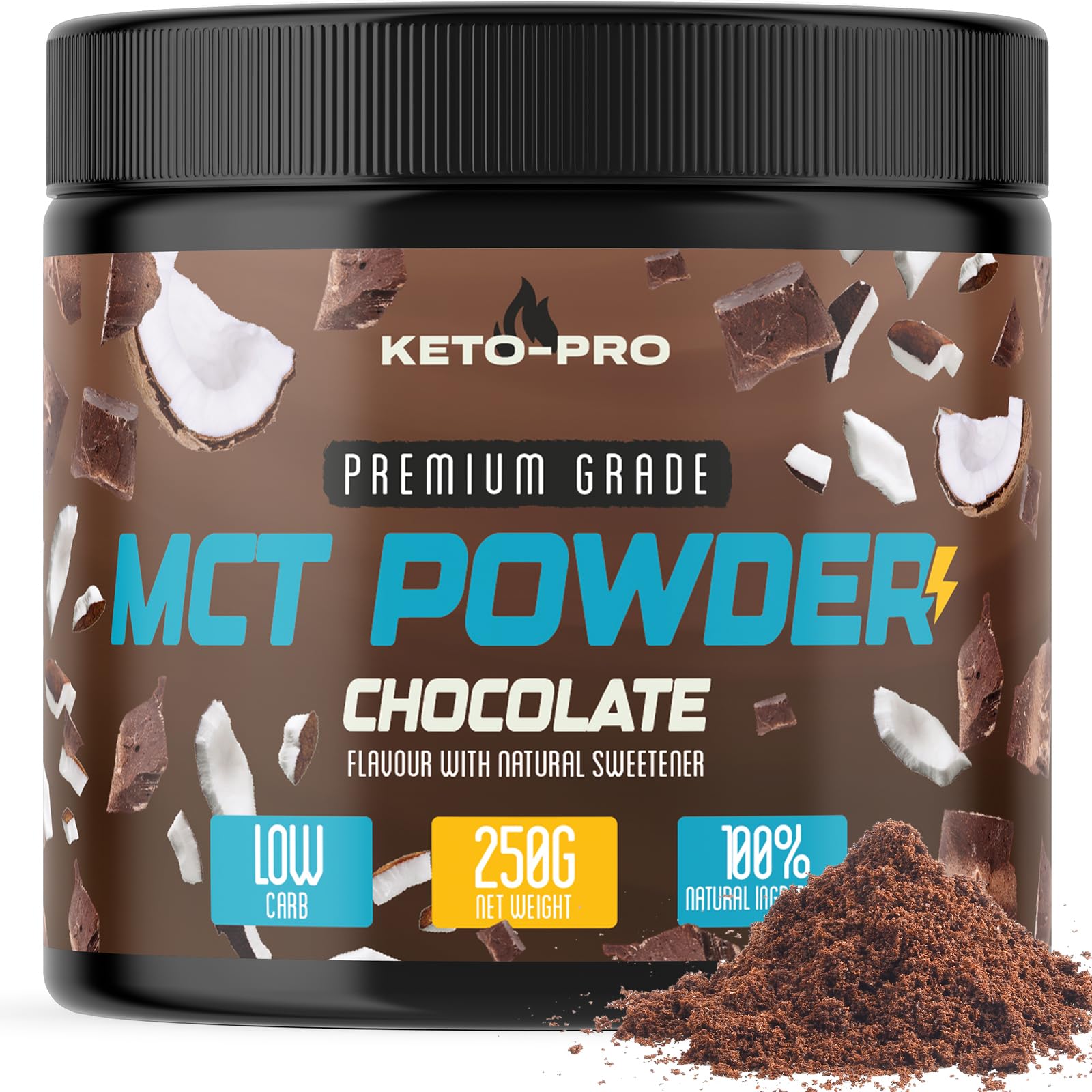Keto-Pro MCT Powder 250g | Premium C8 Keto Coffee Creamer | MCT Creamer | Suitable for Paleo & Vegan Diets | Gluten & Palm Oil Free | MCT Oil Powder | Pure Caprylic Acid | Chocolate