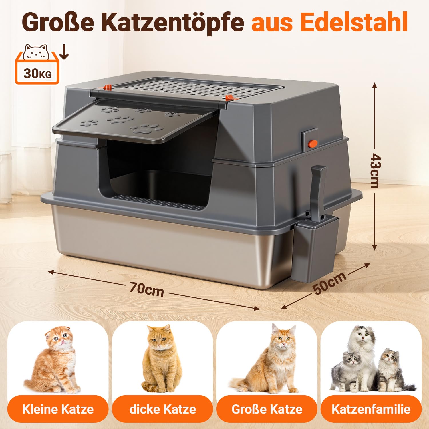 Edelstahl Katzenklo XXXL mit Deckel, auslaufsichere geschlossene Katzentoilette mit hohem Rand, für große Katzen, 70 x 50 x 43 cm, geruchsresistent, leicht zu reinigen, mit Pedal und Schaufel