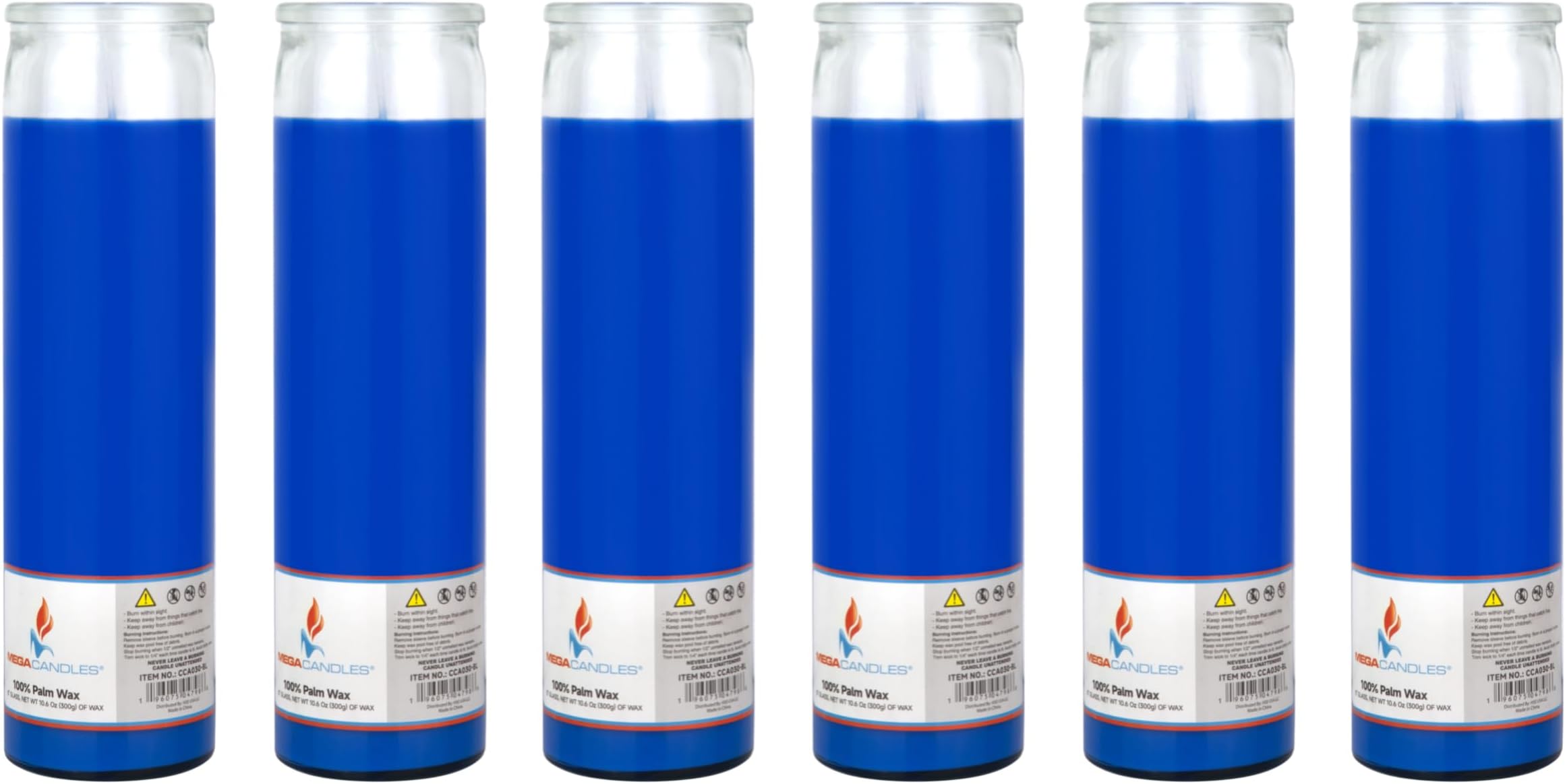 Mega Candles 6 pcs Unscented Blue Glass Container Devotional Prayer Candles, Shortening Wax Candle 2 Inch x 8 Inch, Sanctuary, Vigils, Prayers, Spiritual, Blessings, Religious, Altar, Remembrance